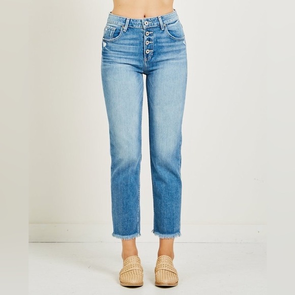 PAIGE Denim - Paige Anthropologie High Rise Sarah Straight Distressed Cropped Jeans Button Fly